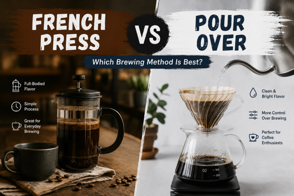 French Press and Pour Over dripper side by side with coffee beans and kettle