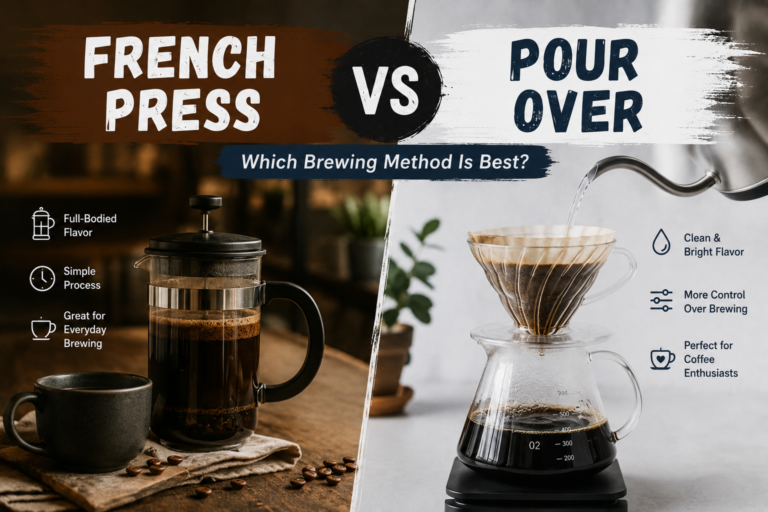 French Press and Pour Over dripper side by side with coffee beans and kettle