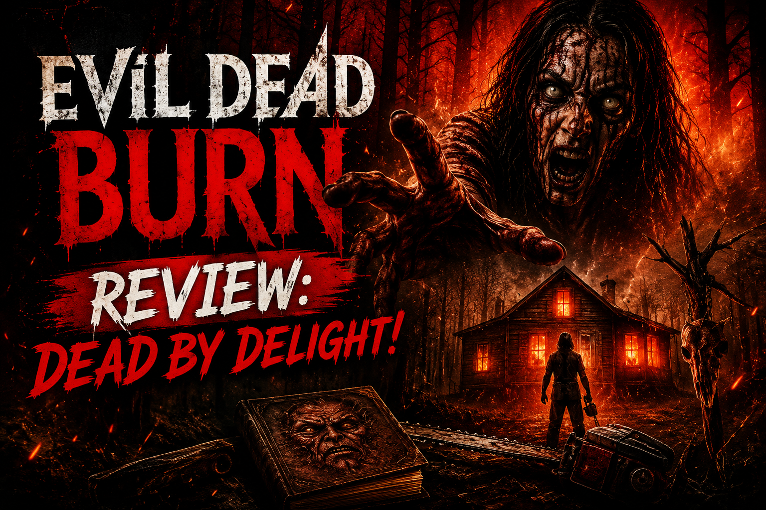 Evil Dead Burn poster-style image: woman surrounded by possessed family in lakeside house