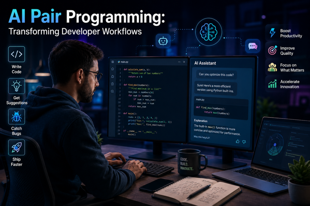 Developer using AI pair programming assistant on dual monitors