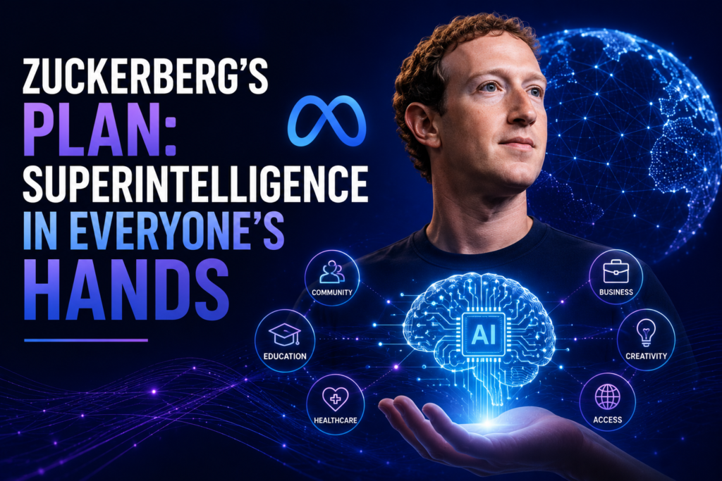 Smartphone glowing with AI neural network and data center servers illustrating Meta distributing AI to billions