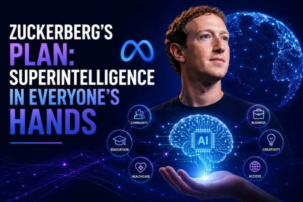 Smartphone glowing with AI neural network and data center servers illustrating Meta distributing AI to billions