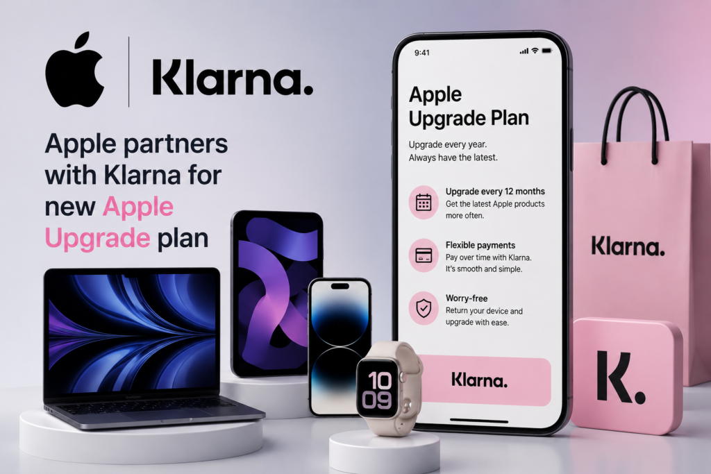 Apple Store devices with Klarna and Apple Upgrade financing icons
