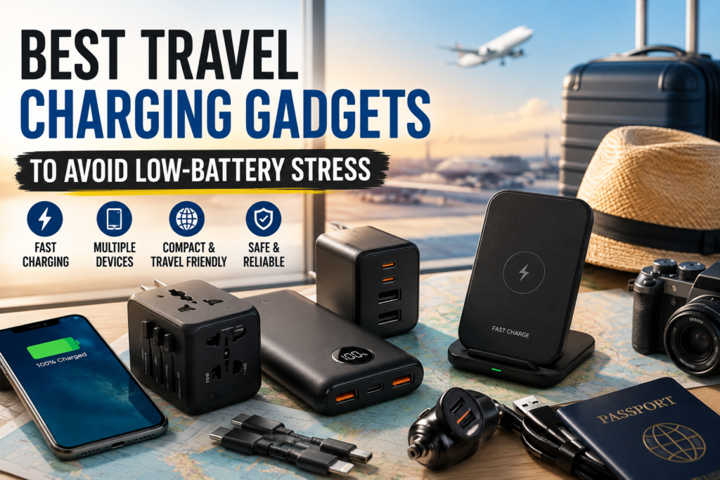 Assortment of travel charging gadgets including power bank, multi-port charger, MagSafe pack and foldable wireless pad on a travel flatlay