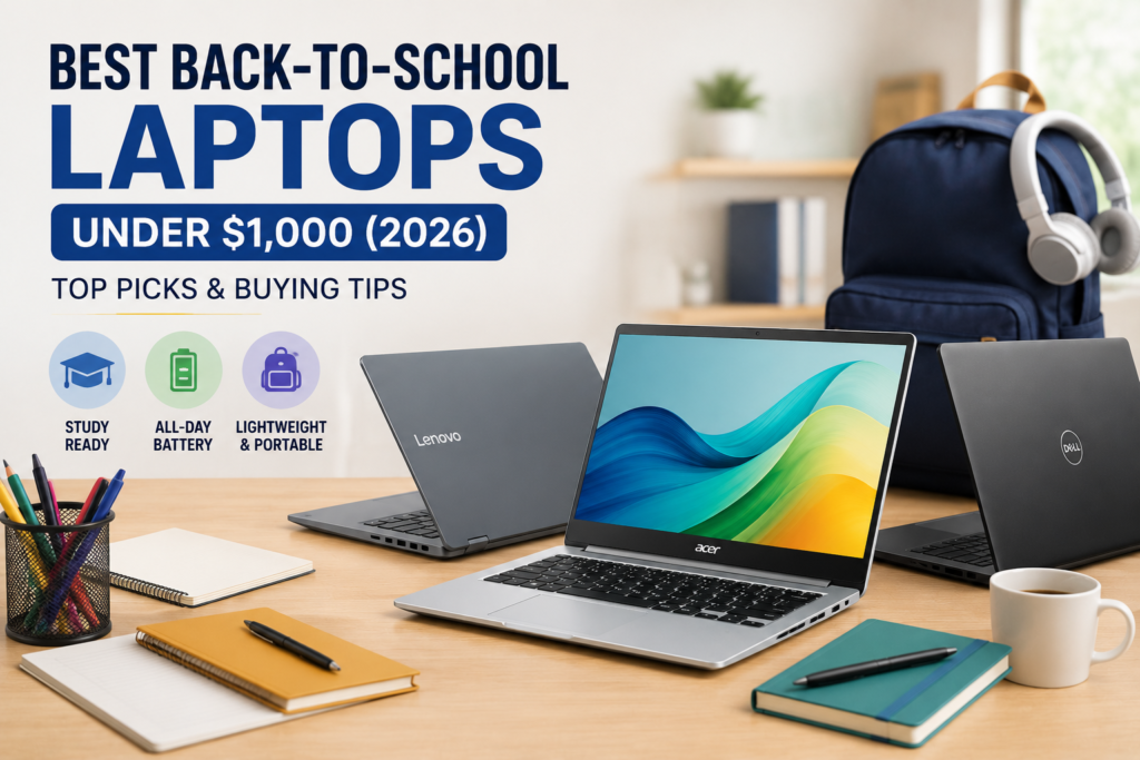 Collage of budget laptops for students including MacBook Neo, Dell XPS 13, Lenovo Yoga 7a and Acer Nitro V16