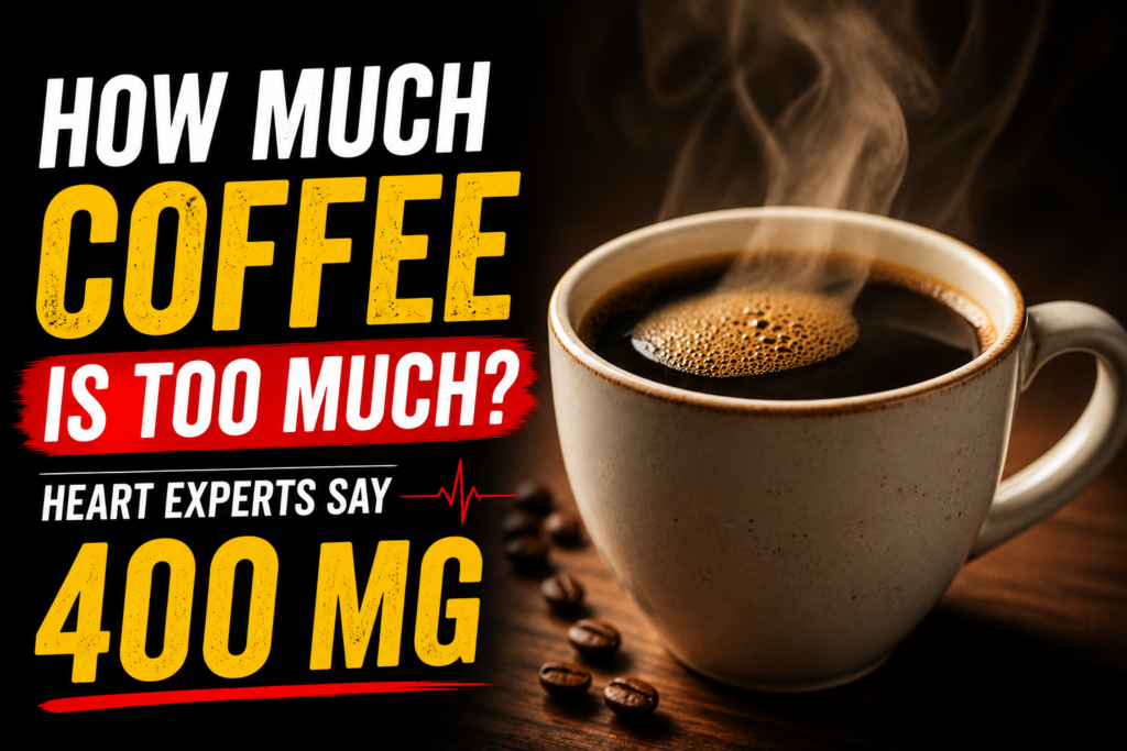 Cup of coffee with heart latte art and '400 mg' measuring scale beside a blurred medical report