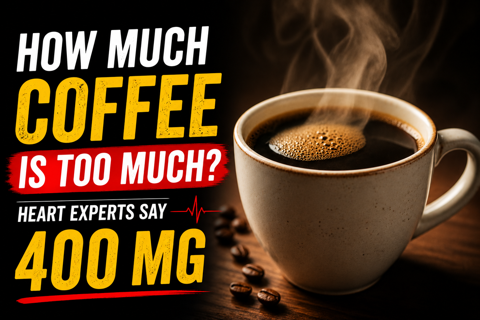 Cup of coffee with heart latte art and '400 mg' measuring scale beside a blurred medical report