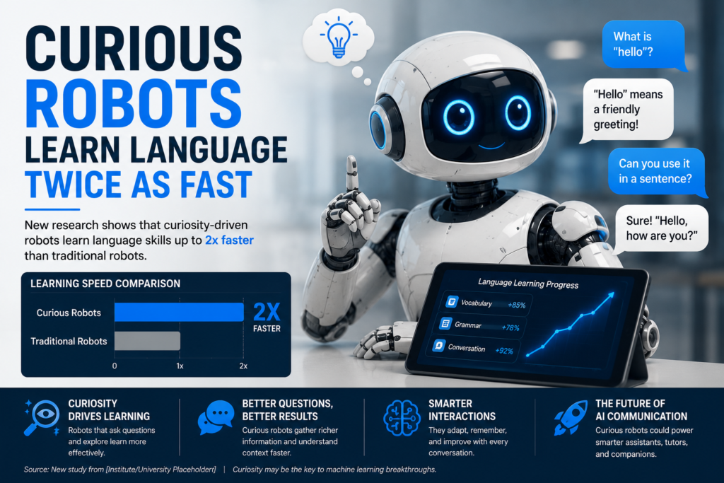 Virtual robot exploring colorful shapes and knocking over toys to learn language