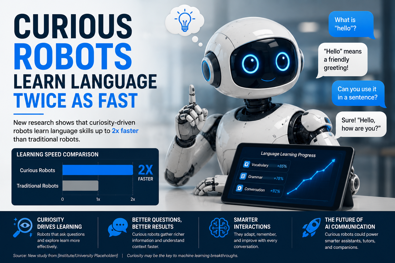 Virtual robot exploring colorful shapes and knocking over toys to learn language