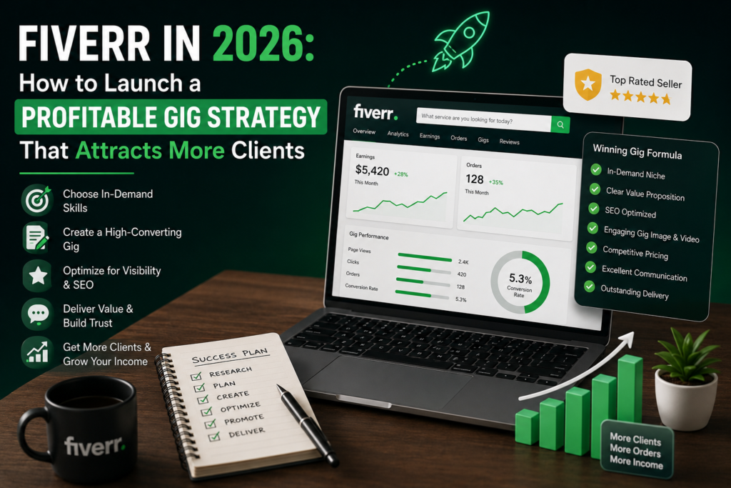 Freelancer analyzing Fiverr marketplace dashboard on a laptop with growth charts and AI icons in a modern workspace.