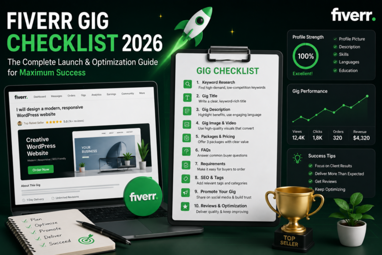 Freelancer optimizing a Fiverr gig using a checklist on a laptop, smartphone notifications visible
