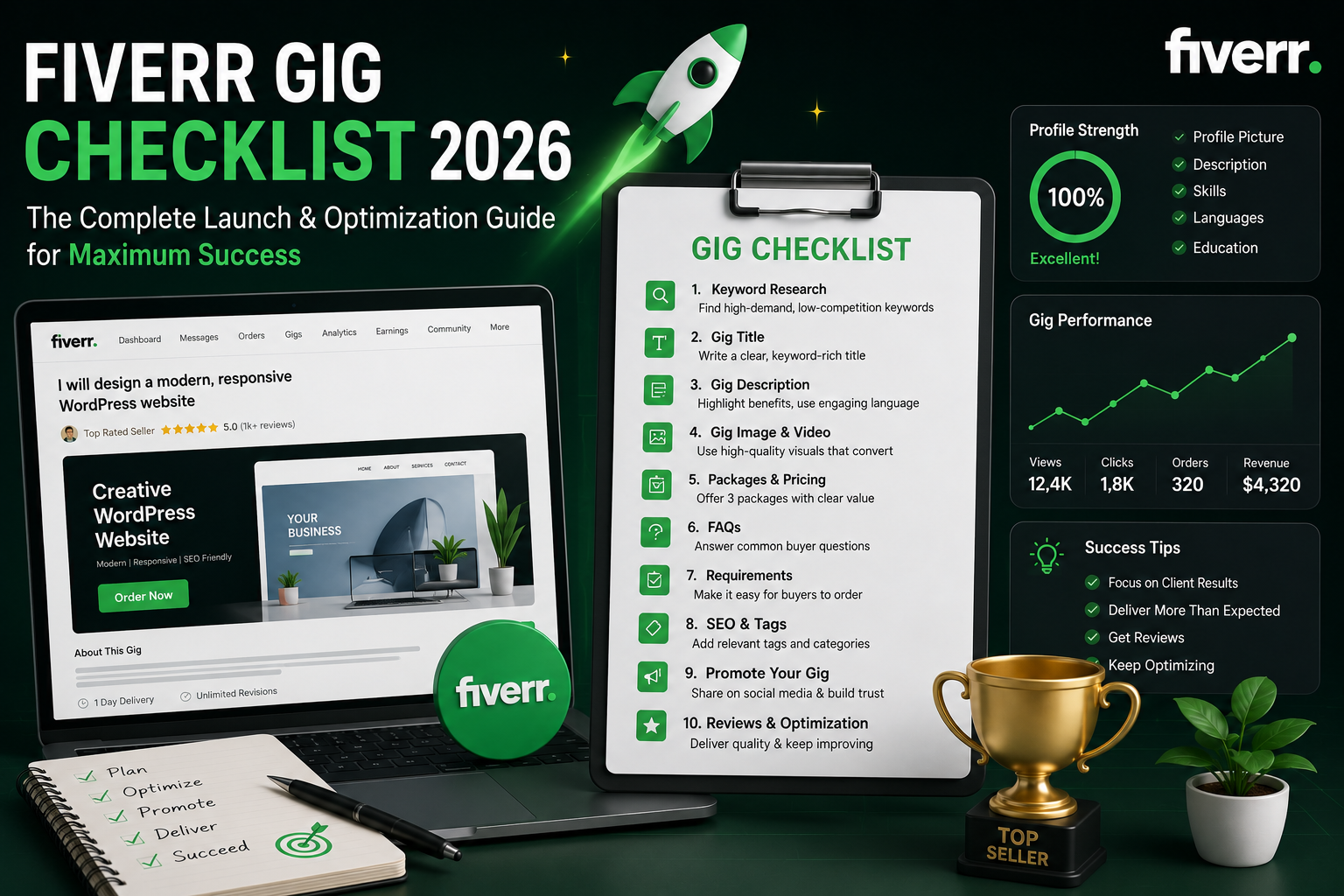 Freelancer optimizing a Fiverr gig using a checklist on a laptop, smartphone notifications visible