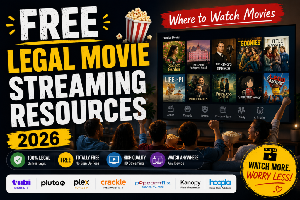 People watching movies on a smart TV with logos of free legal streaming services