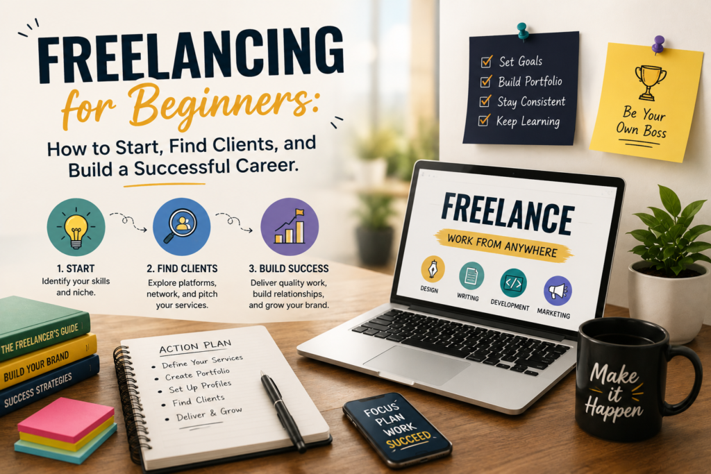 Freelancer workspace with laptop, notebook, coffee and portfolio thumbnails representing freelancing for beginners