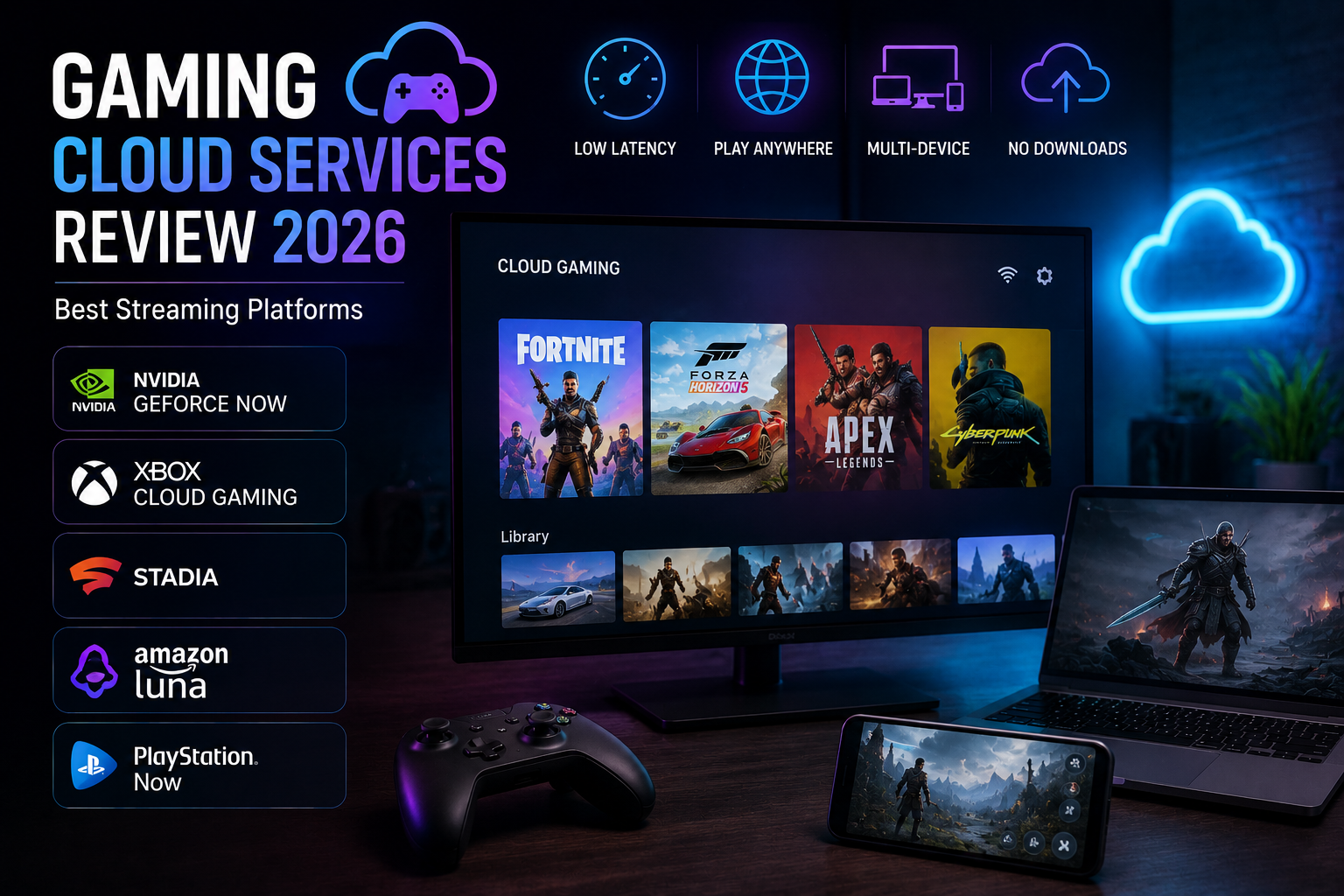 Living room streaming games on TV and laptop comparing cloud gaming services