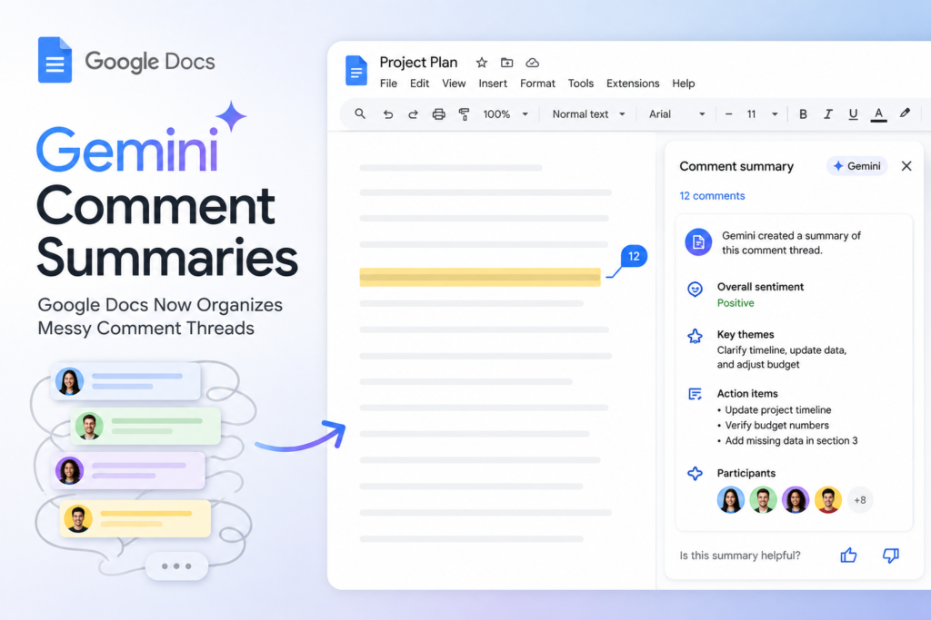 AI summarizing unresolved comment threads in a Google Docs document with suggested replies