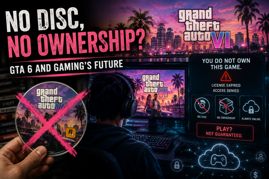 GTA 6 boxed edition with download code card and empty disc case illustrating digital vs physical ownership