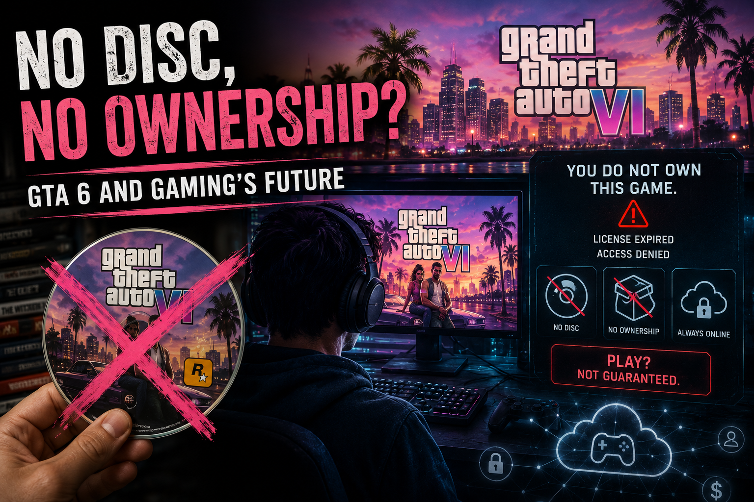 GTA 6 boxed edition with download code card and empty disc case illustrating digital vs physical ownership