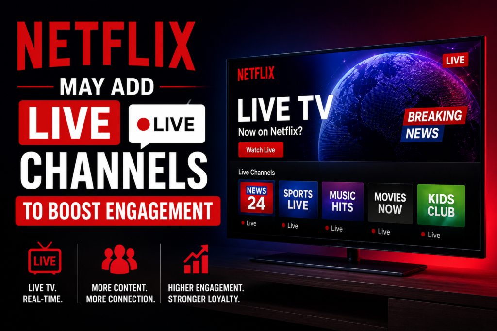 Netflix app showing live channels and on-demand thumbnails on TV and mobile
