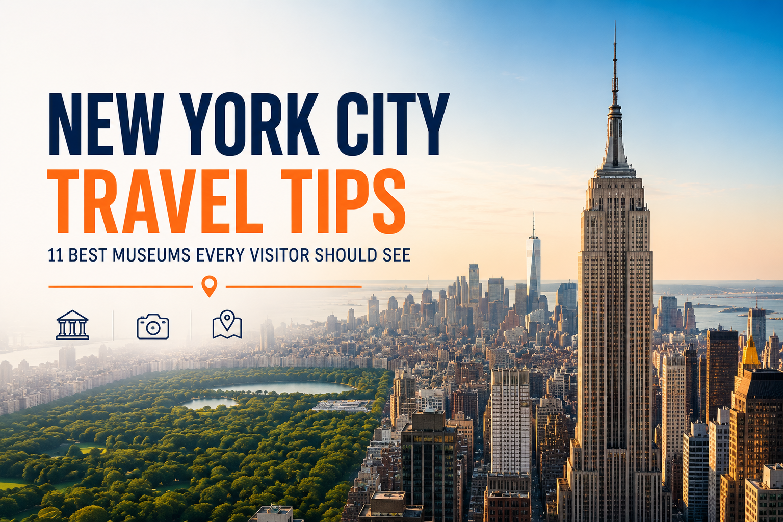 Tourists consulting a map with New York City skyline and landmarks at sunset