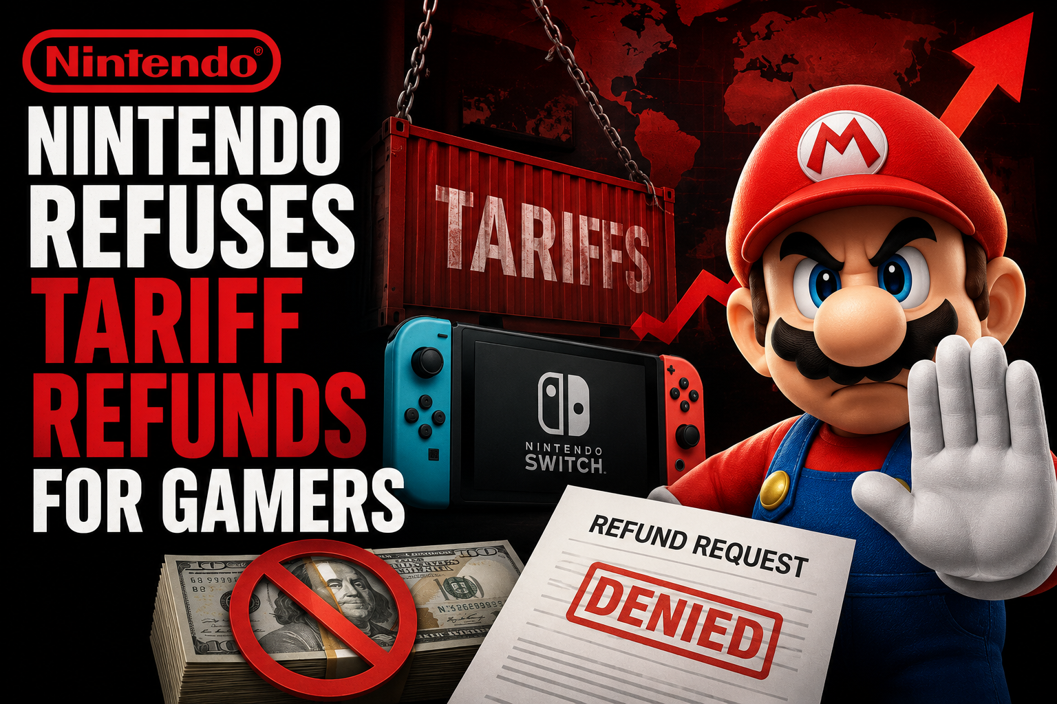 Gamer holding a Nintendo Switch with price tag and legal paperwork symbolizing tariff refund dispute