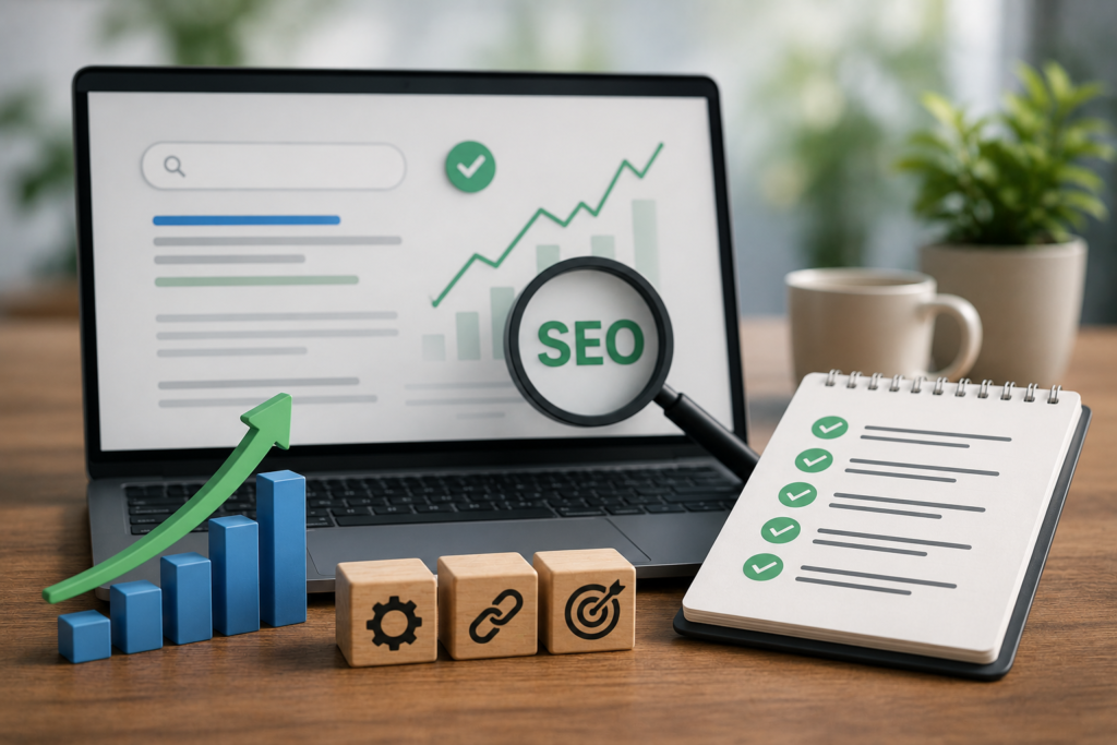 On-Page SEO Checklist infographic on laptop showing optimization steps