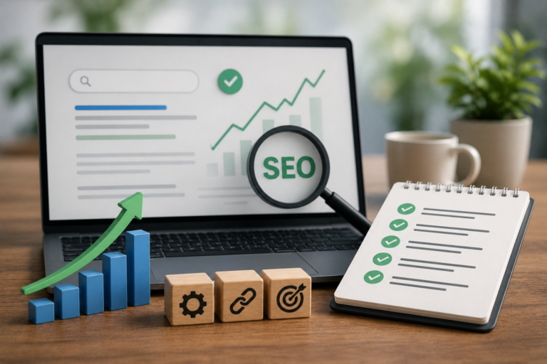 On-Page SEO Checklist infographic on laptop showing optimization steps