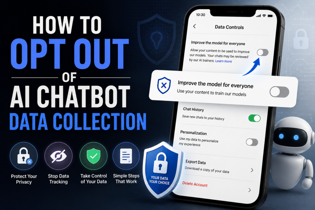 User turning off AI chatbot data training settings on a smartphone with chatbot icons and a padlock