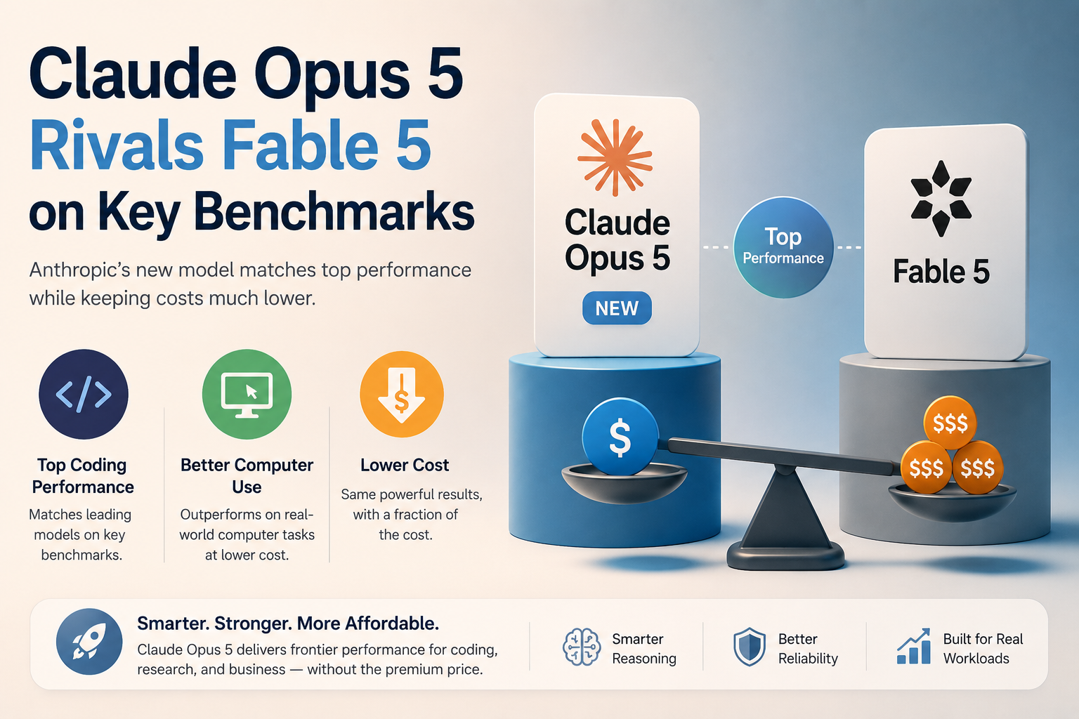 Graphic showing Claude Opus 5 and Fable 5 compared on benchmarks and cost charts