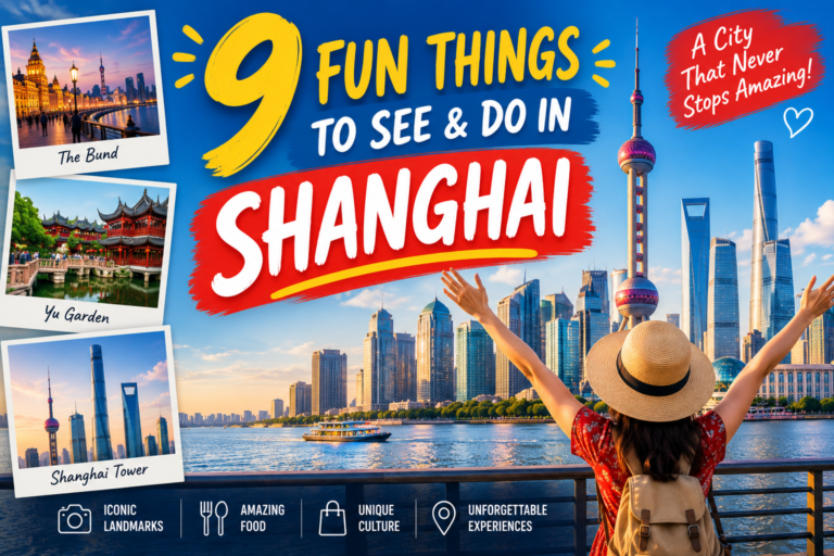 Shanghai skyline at dusk with Oriental Pearl Tower, Yuyuan Garden lanterns, IFC rooftop view and Nanjing Road shoppers