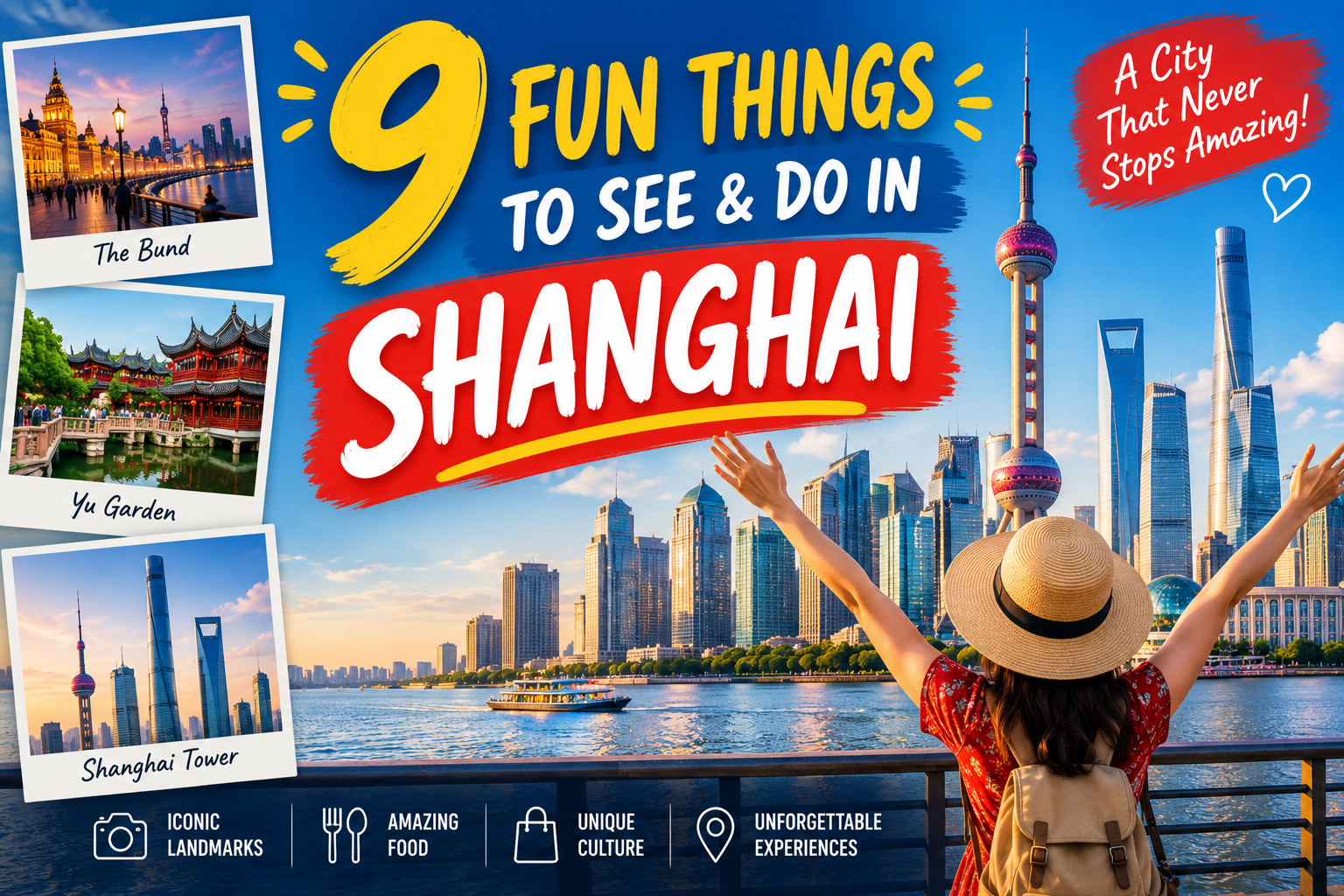 Shanghai skyline at dusk with Oriental Pearl Tower, Yuyuan Garden lanterns, IFC rooftop view and Nanjing Road shoppers