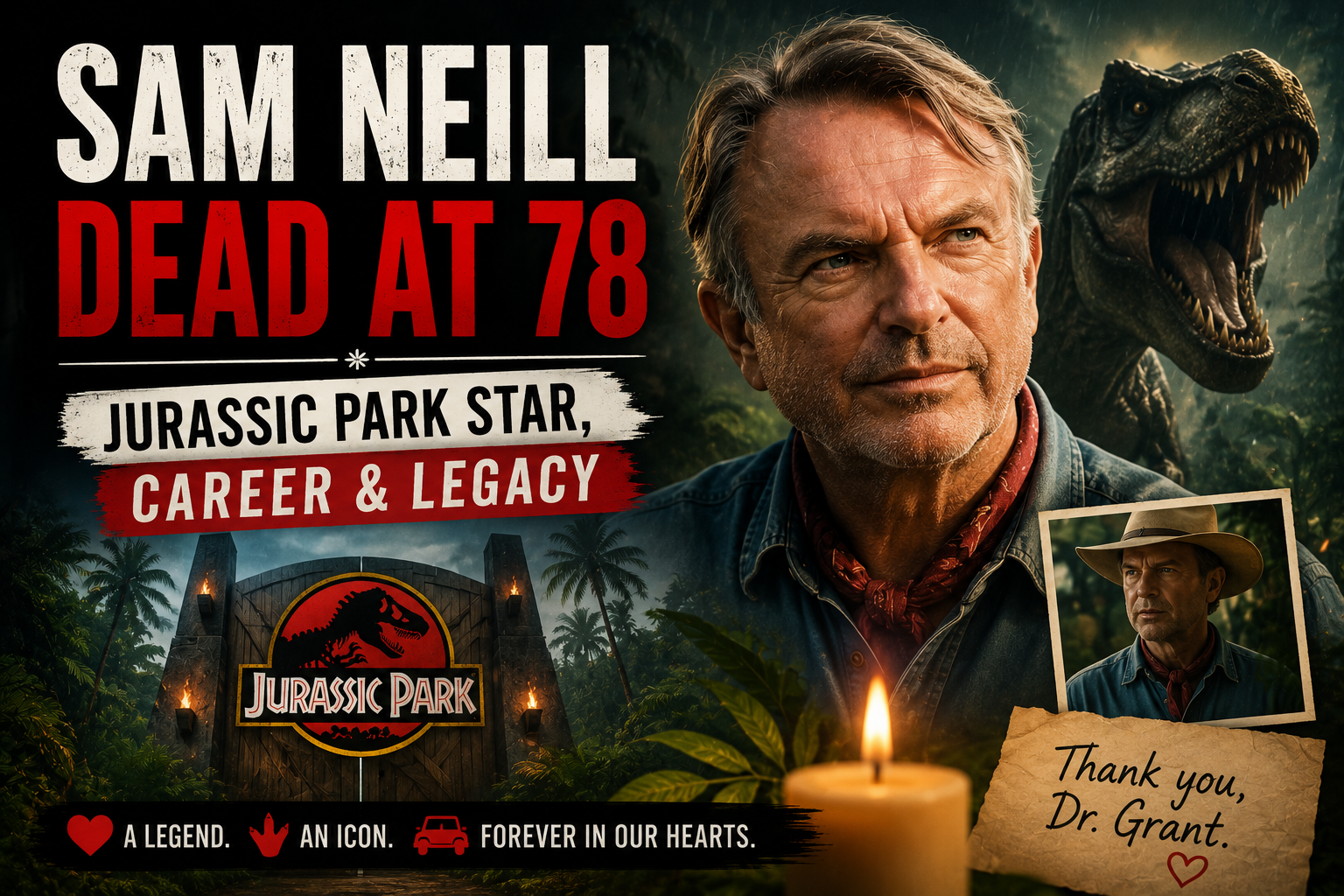 Portrait of Sam Neill, the actor known for Jurassic Park, in a respectful obituary-style photo