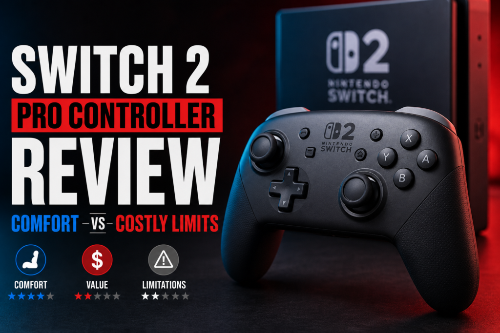 Nintendo Switch 2 Pro controller on desk with Switch 2 handheld blurred in background