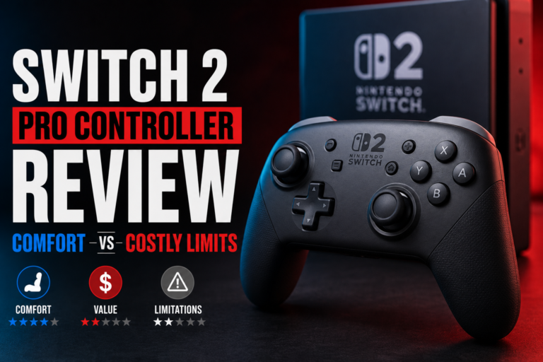Nintendo Switch 2 Pro controller on desk with Switch 2 handheld blurred in background
