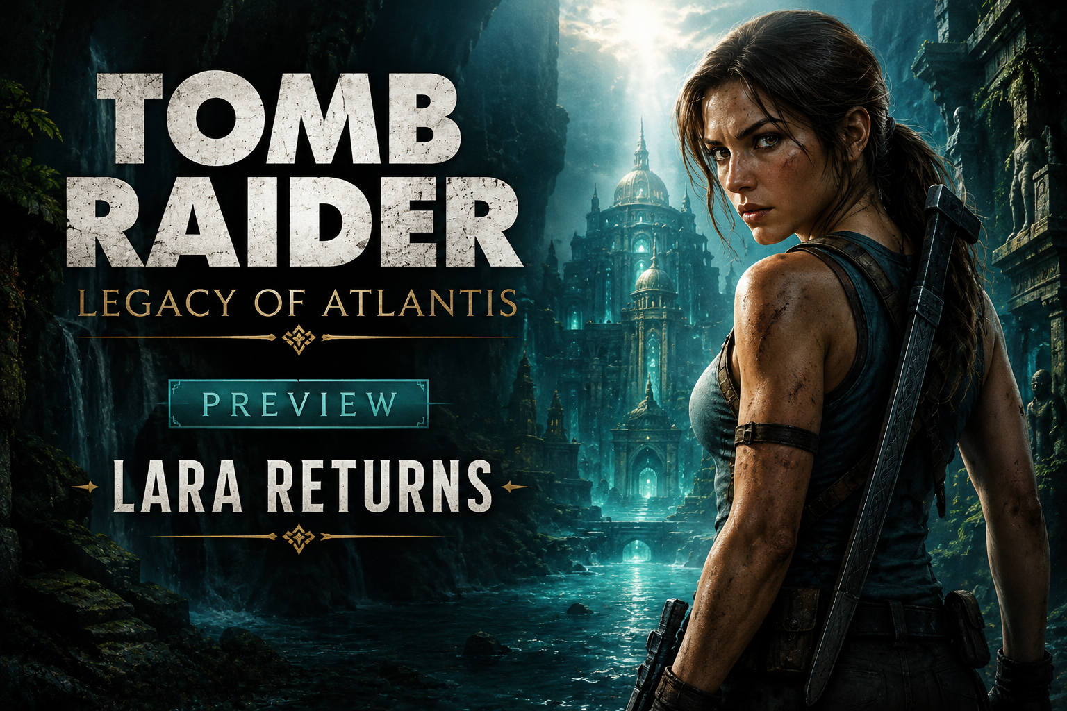 Lara Croft-inspired explorer in lush jungle ruins with waterfalls and ancient puzzle machinery