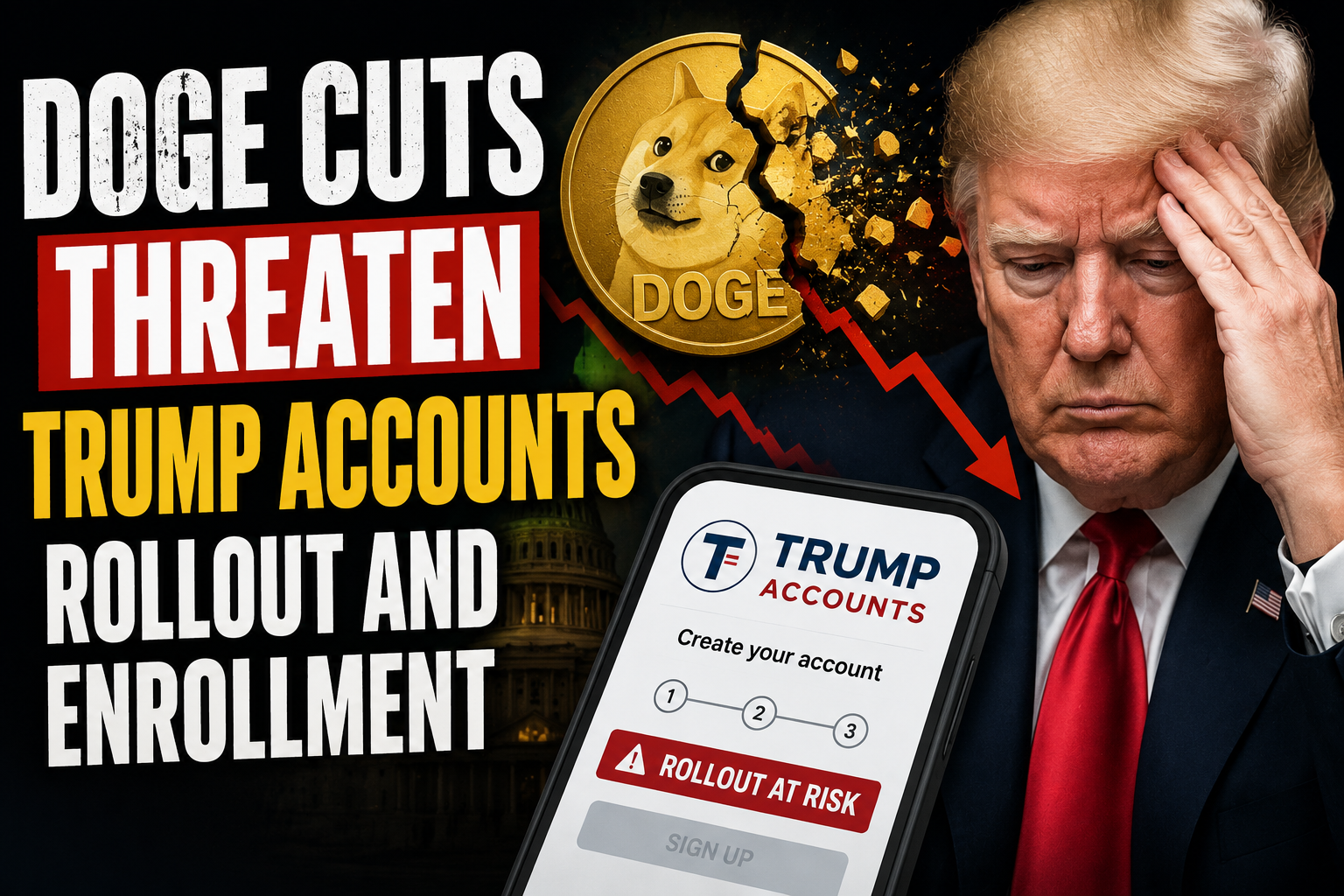 Empty federal office desks with a computer displaying TrumpAccounts.gov and a faded headline about DOGE cuts