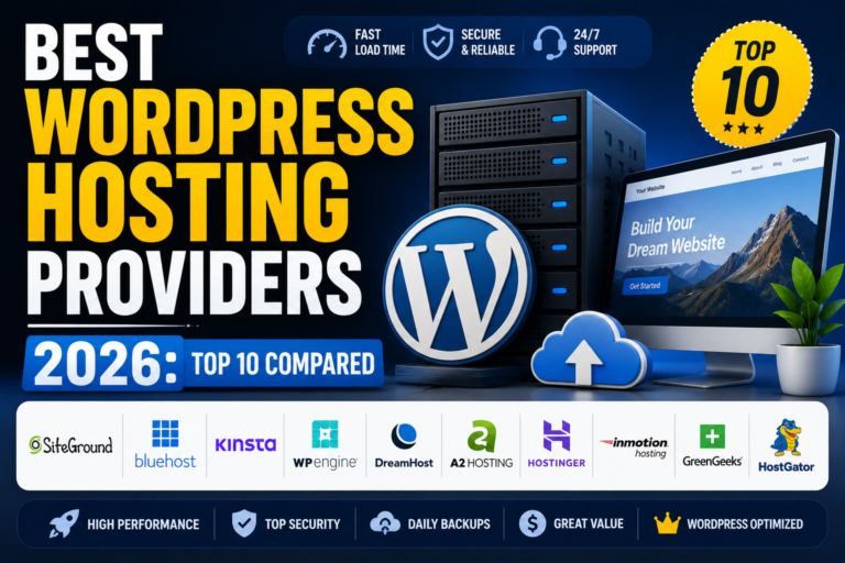 Top 10 WordPress hosting providers 2026 illustrated with server rack and performance icons