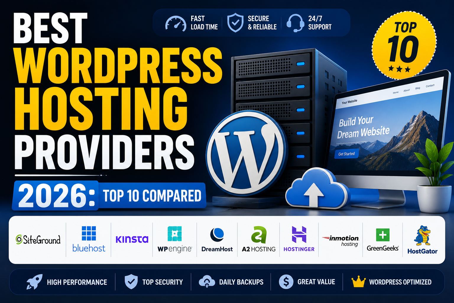 Top 10 WordPress hosting providers 2026 illustrated with server rack and performance icons