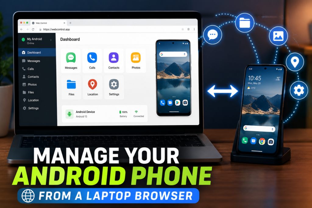 Laptop browser dashboard managing Android phone files, messages, and screen mirroring