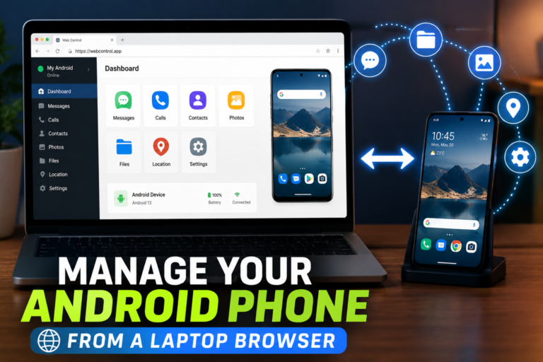 Laptop browser dashboard managing Android phone files, messages, and screen mirroring