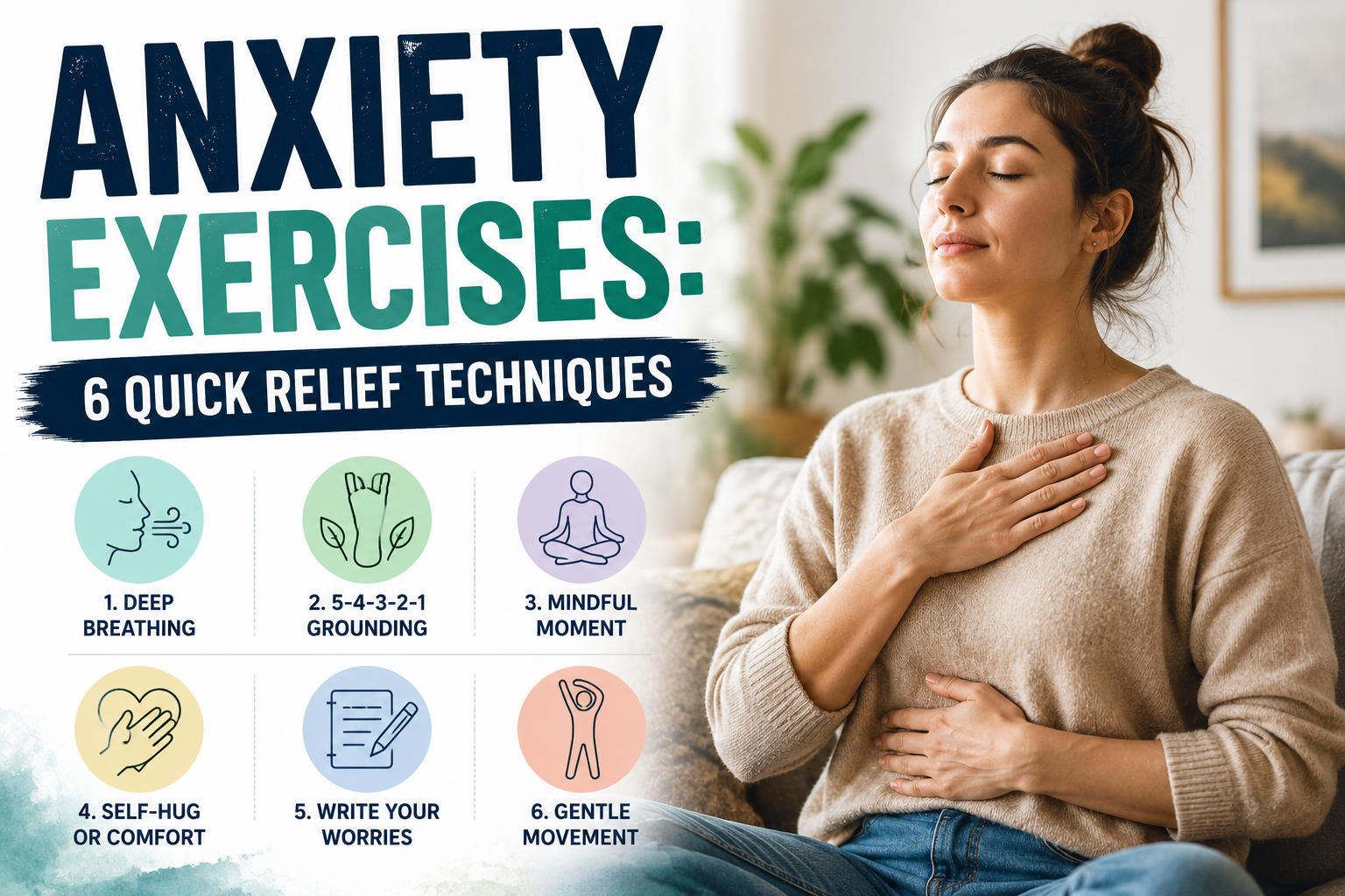Person practicing deep breathing outdoors at sunset for anxiety relief