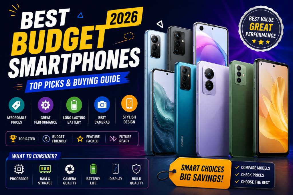 Four budget smartphones on a table showcasing camera UI and battery icons