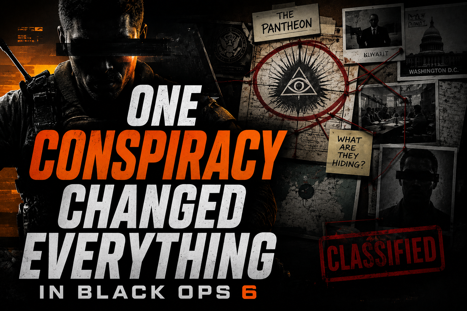 PS5 controller with dark neon overlays and conspiracy-themed cutscene fragments from Black Ops 6