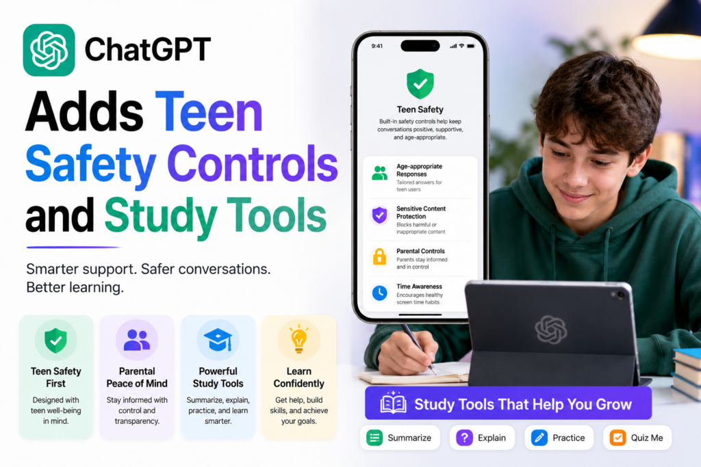 Teenagers using ChatGPT with parental controls and Study Mode visible on screens