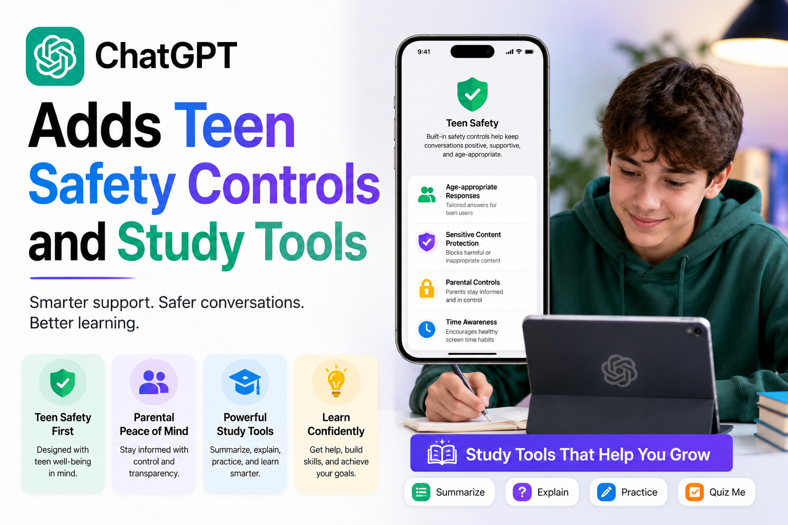 Teenagers using ChatGPT with parental controls and Study Mode visible on screens