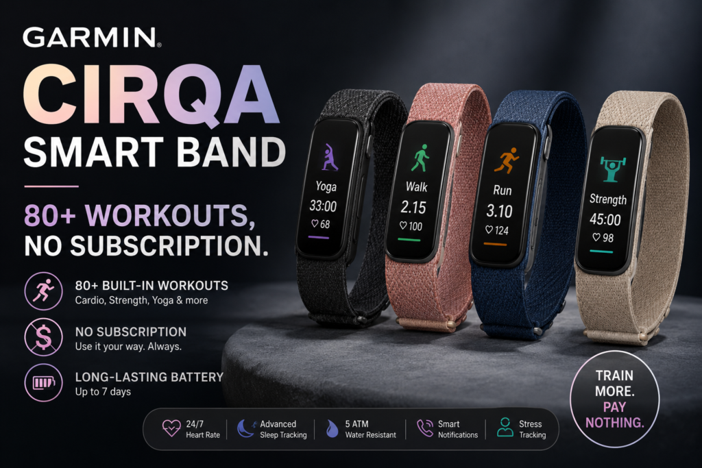 Garmin CIRQA screenless smart band on wrist showing health icons