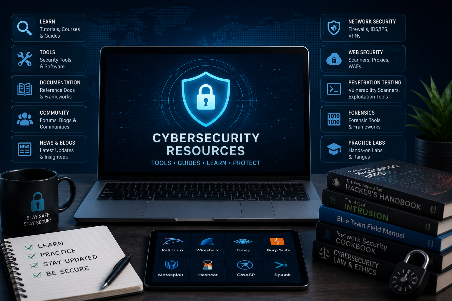 Flat-lay of cybersecurity resources: laptop with security dashboard, guides, and smartphone alerts representing cybersecurity tools and training for 2026