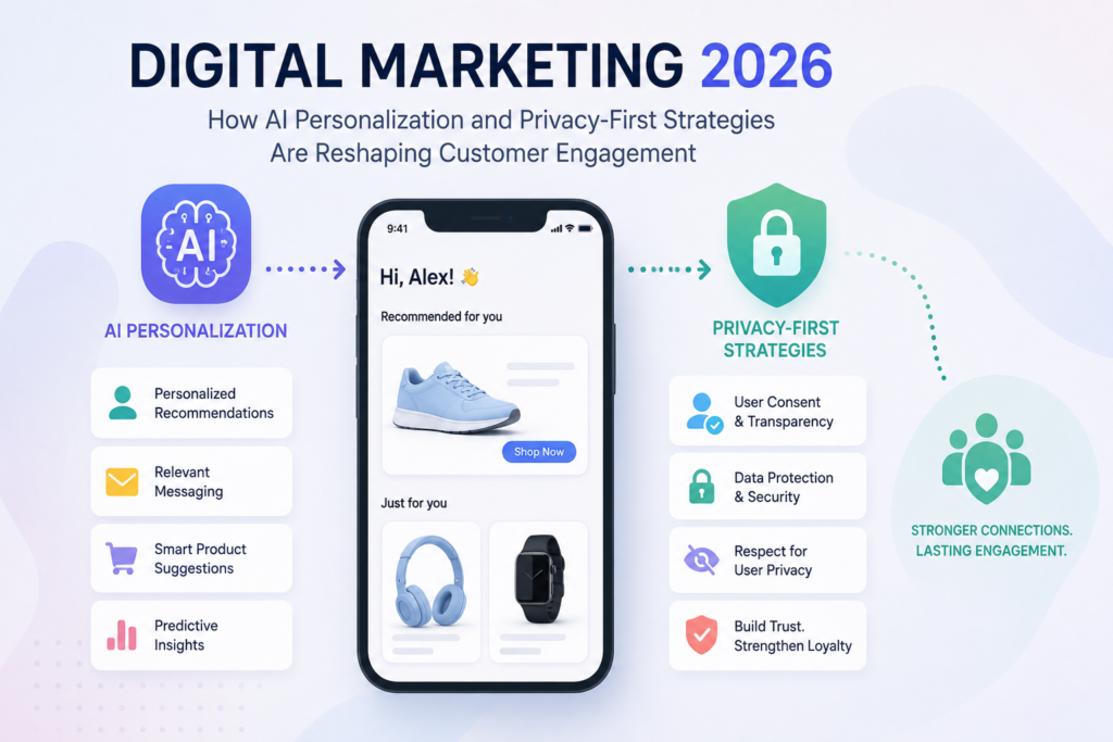 Futuristic digital marketing dashboard showing AI personalization and privacy shields, 2026 trends