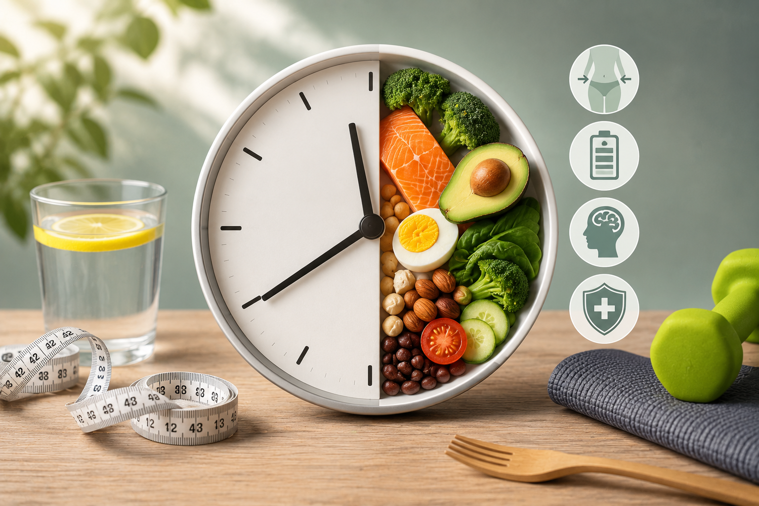 Diverse adults preparing healthy meals beside a wall clock representing intermittent fasting schedules