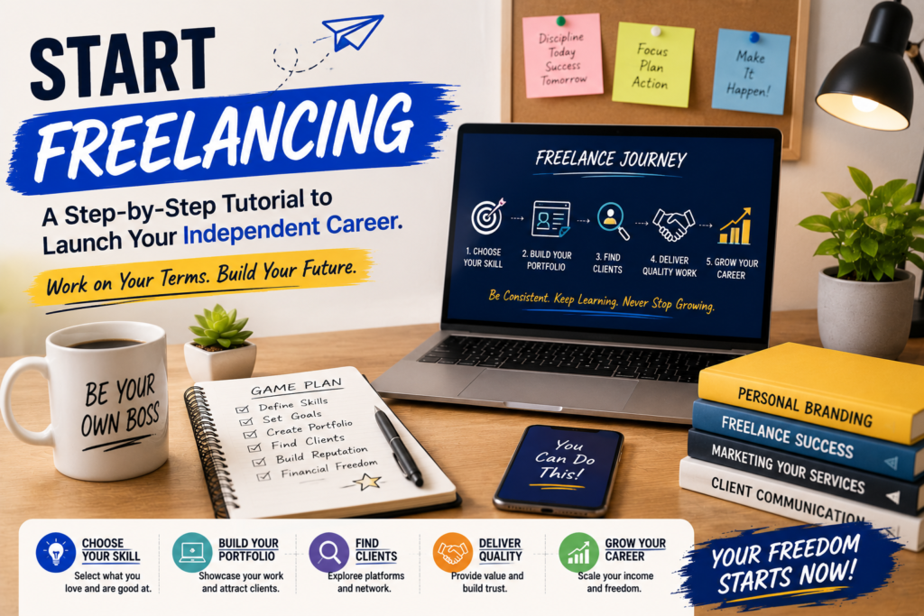 Freelancer working at a home office desk with laptop and portfolio visible